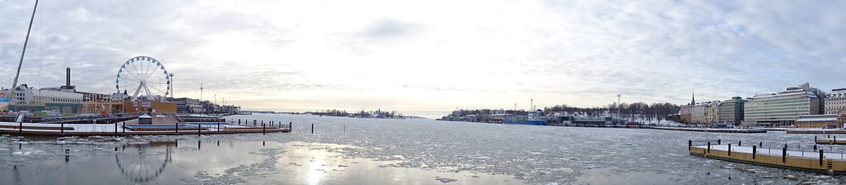 Panoramic view of frozen lake against sky