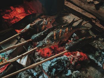 High angle view of meat on barbecue