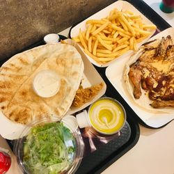 High angle view of food served on table