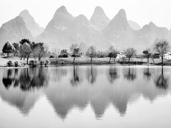 Scenic view of lake and mountains against sky