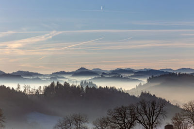 Scenic view of mountains against sky during sunset