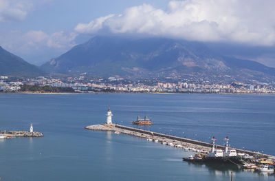 Scenic view of sea by city against sky