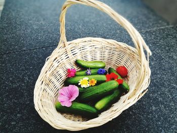 High angle view of artificial flowers in basket