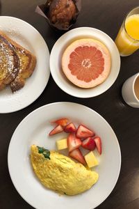 High angle view of breakfast served on table