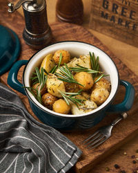 High angle view of food in bowl on table