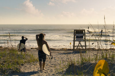 People on beach against sky