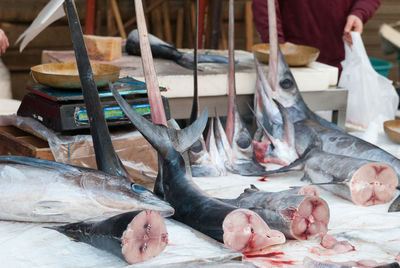 View of sliced fish in market for sale