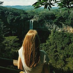 Rear view of woman looking at trees