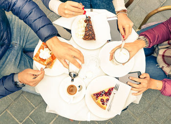 High angle view of people eating food