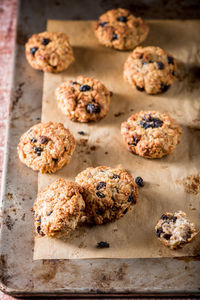 High angle view of cookies in baking sheet