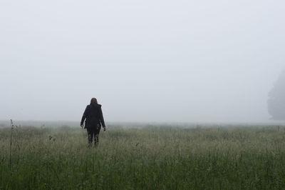 Rear view of woman walking on grassy field in foggy weather