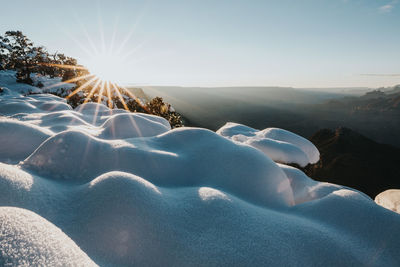 Scenic view of snow mountains against clear sky