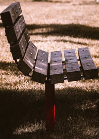 High angle view of chairs on field