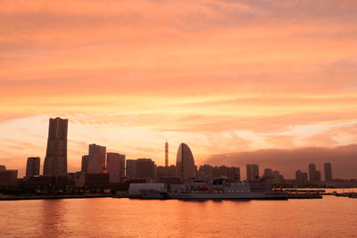 City at waterfront during sunset