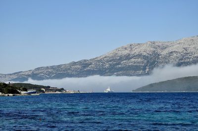 Scenic view of sea against clear blue sky