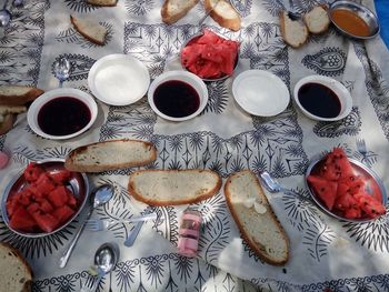 High angle view of breakfast on table