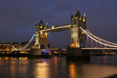 Illuminated bridge over river at night