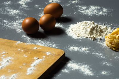 High angle view of eggs in container on table