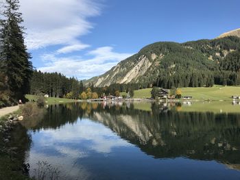 Scenic view of lake and mountains against sky