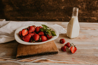 Close-up of strawberries in plate on table