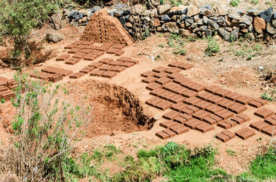 High angle view of rocks on field