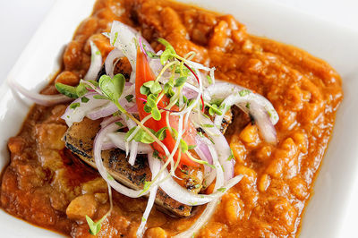 High angle view of food in plate
