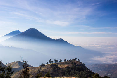 Scenic view of mountains against cloudy sky