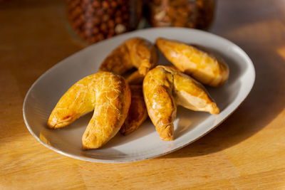 High angle view of food in plate on table