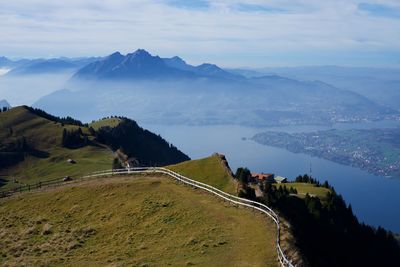 Scenic view of mountains against cloudy sky