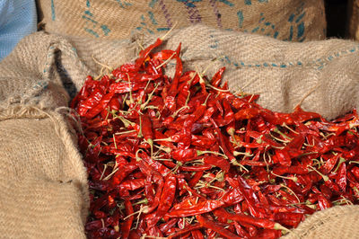 Close-up of red chili peppers at market