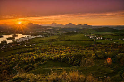 High angle view of townscape against sky during sunset