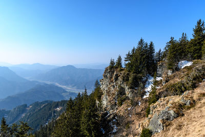 Scenic view of mountains against clear blue sky