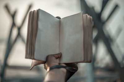 Close-up of hand holding blank book