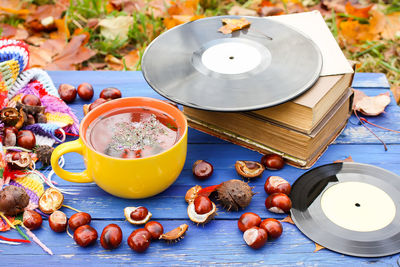 High angle view of food on table