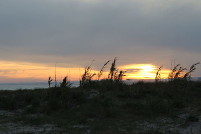 Silhouette landscape against sky during sunset