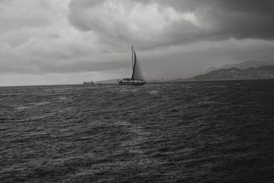 Sailboat sailing on sea against sky