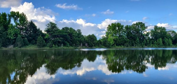 Reflection of trees in lake against sky