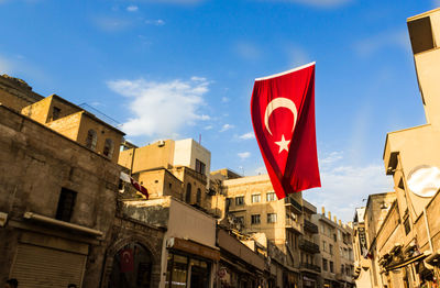 Low angle view of buildings in city against sky