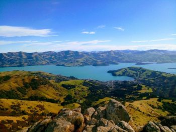 Scenic view of landscape and mountains against sky