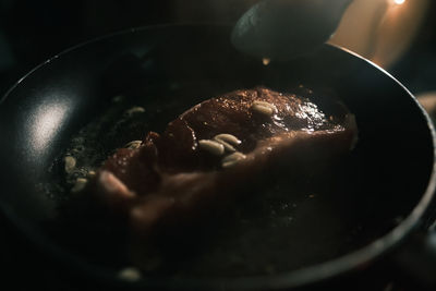 High angle view of meat in bowl