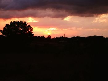 Silhouette trees on landscape against sky at sunset
