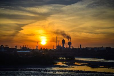 Factory against sky during sunset