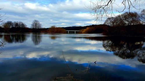 Reflection of trees in lake against sky