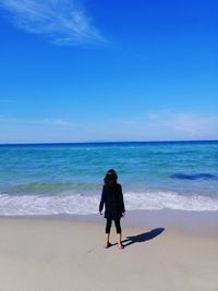 Rear view of man on beach against sky