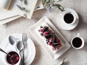 High angle view of breakfast served on table