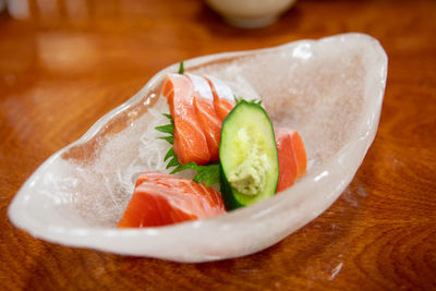 High angle view of salad in plate on table