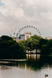 Scenic view of lake by buildings against sky