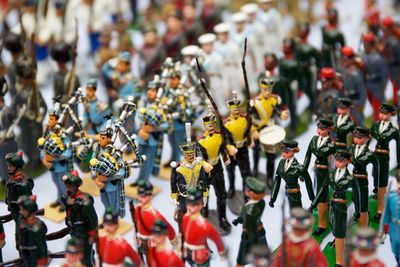 Close-up of army figurines on table