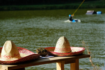 Close-up of snake on boat in lake