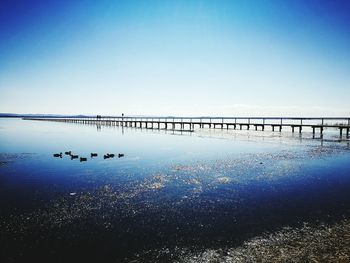 Scenic view of sea against clear blue sky